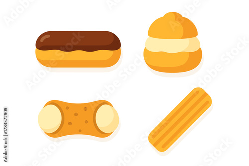 Classic sweet pastries assortment including eclair cream puff cannoli and fried dough stick