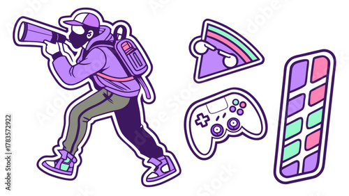 A gamer character with a megaphone and a backpack, surrounded by gaming icons, creating a vibrant and playful composition