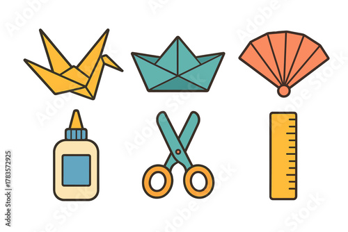 Colorful assortment of craft and hobby objects including origami crane, paper boat, hand fan, glue, scissors, and ruler