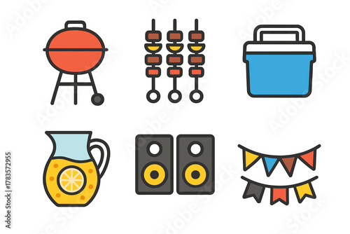 Set of icons representing essential items for an outdoor summer barbecue party or gathering