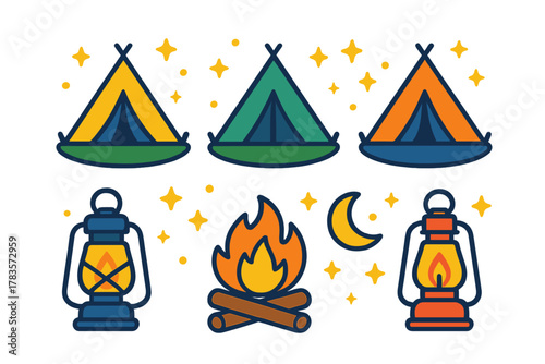 Colorful camping tents, classic oil lanterns, and a cozy bonfire for outdoor adventure
