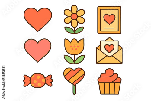 Nine cute romantic icons featuring hearts, flowers, candy, and love letters