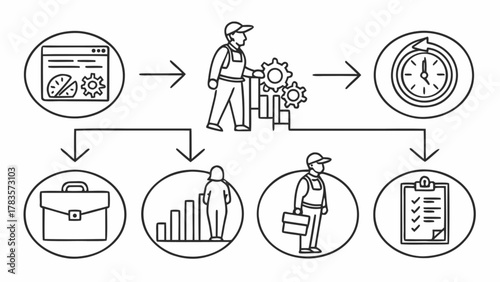 Process optimization a worker manages gears, leading to improved efficiency and productivity, all while maintaining a focus on time management