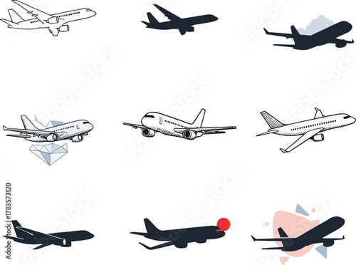 Stylized airplane vector illustrations, black and white aviation artwork, aircraft silhouette designs, abstract backgrounds, modern jet graphics, commercial plane icons, aviation-themed visuals