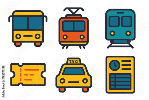 Colorful public transportation symbols set including bus tram train taxi ticket and schedule