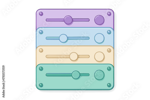 Stacked colorful audio mixer faders and controls in a modern neumorphic style