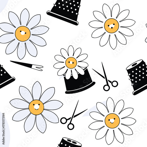 Cute kawaii flowers wearing thimbles as hats illustration