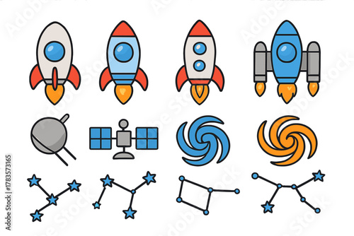 Colorful space exploration and astronomy elements: rockets, satellites, galaxies, and star constellations