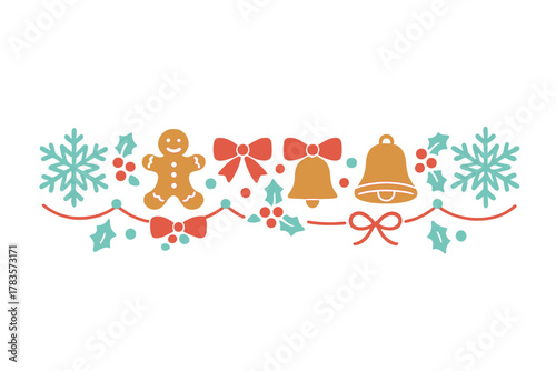 Christmas border with gingerbread man, snowflakes, bells, bows, and holly berries on white