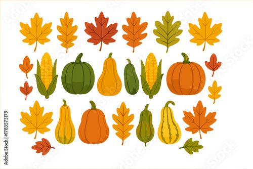 Colorful autumn harvest vegetables and fall foliage arranged on a white background
