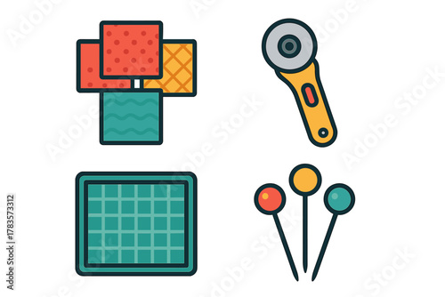 Essential quilting and sewing supplies including fabric patches, rotary cutter, and pins