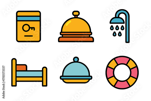 Colorful hotel and travel service symbols including key card, bed, shower, and room service cloche