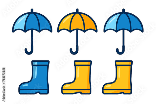 Colorful collection of umbrellas and rubber rain boots for wet weather protection