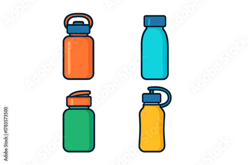 Collection of brightly colored insulated drink containers and sports hydration bottles