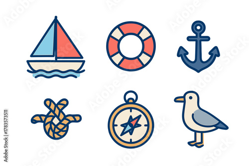 Nautical marine travel symbols including sailboat, anchor, compass, and seagull
