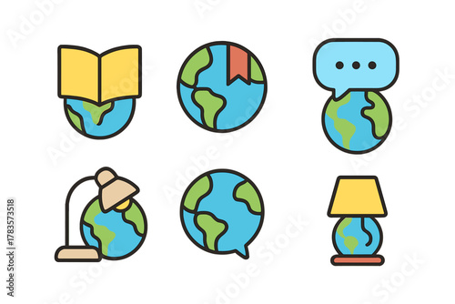 Colorful set of six Earth globe icons representing knowledge, education, and global communication