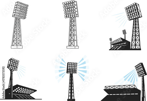 Stadium floodlight towers vector set, bright spotlight illustration, night sports lighting equipment, arena illumination system, modern flood lamp design, architecture and infrastructure concept