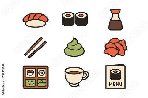 Popular Japanese cuisine elements including sushi rolls, nigiri, condiments, chopsticks, and a menu