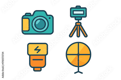 Colorful essential photography equipment including camera, tripod, flash, and reflector
