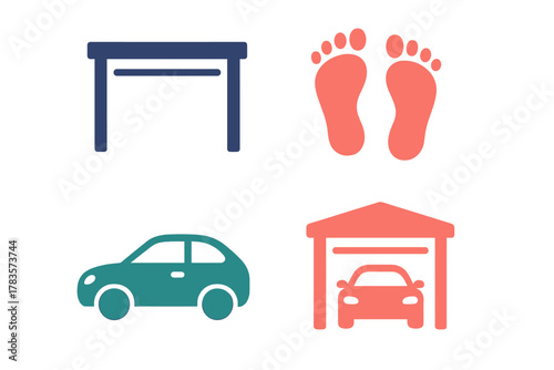 Set of simple symbols: garage door, human footprints, automobile, and car in a carport