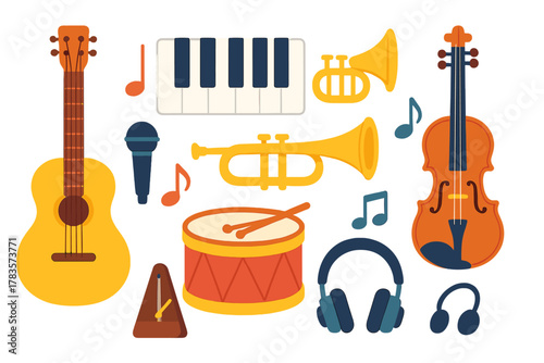 Collection of classic musical instruments and audio equipment on a white background