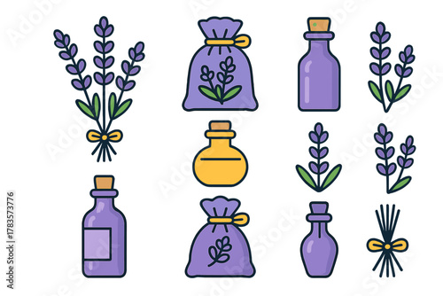 Aromatherapy icons featuring lavender sprigs, purple essential oil bottles, and fragrant herb bags