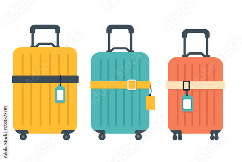 Set of three colorful rolling suitcases with handles and identification tags