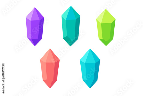 Set of five colorful faceted magic crystals or gemstones isolated on a white background