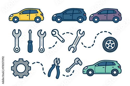 Automotive service and repair icons featuring modern hatchback vehicles and essential workshop tools