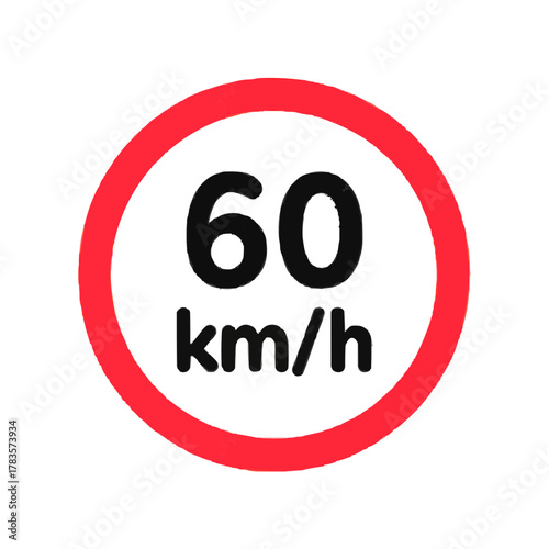 Rounded Corners Vector Speed Limit 60 km/h Sign Icon. Soft Edges Regulatory Symbol.