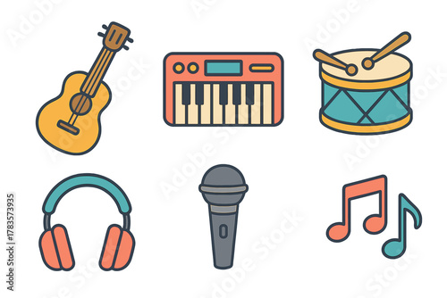 Vibrant set of musical instruments and audio equipment symbols for sound production
