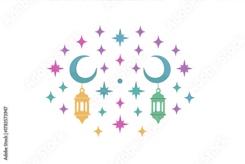 Decorative design with twin crescent moons and hanging lanterns among colorful sparkling stars