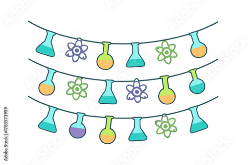 Colorful science laboratory equipment banner with flasks and atomic symbols hanging on strings