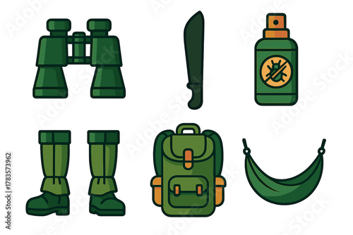 Essential equipment for outdoor adventure and survival including backpack, binoculars, machete, repellent, and hiking boots