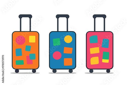 Row of three vibrant luggage bags with handles and various abstract geometric travel decals