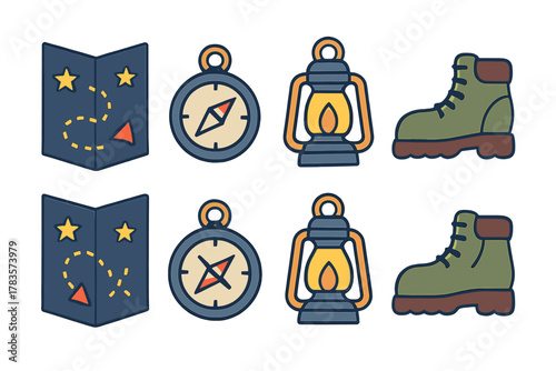 Essential gear for outdoor adventure and hiking: map, compass, lantern, and boot