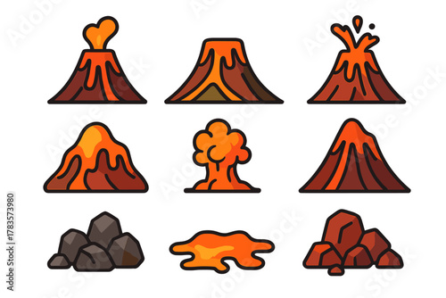 Volcanic activity showing eruption, flowing lava, smoke cloud, and magma rocks