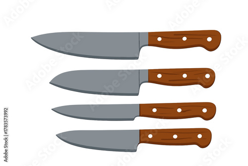 Set of various chef knives and utility knives featuring metal blades and classic wooden grips