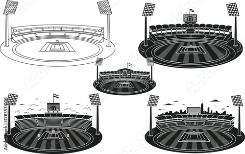 Tennis stadium vector illustrations, black and white sports architecture, floodlight and scoreboard details, seating layout, city skyline, stylized arena concept, graphic artwork