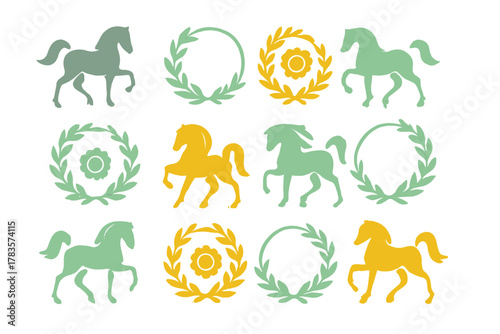 Stylized horses and decorative laurel wreaths with flowers arranged in a repeating pattern