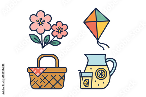 Summer and spring icons featuring flowers, a colorful kite, a picnic basket, and lemonade pitcher