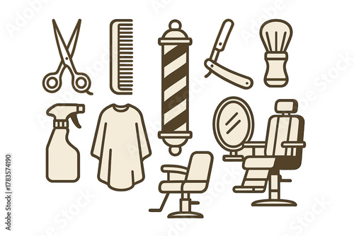 Essential barbershop tools and equipment collection featuring chair, pole, scissors, and razor