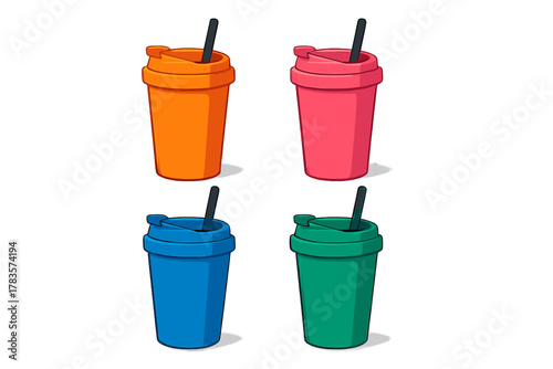 Collection of colorful reusable travel mugs and tumblers with lids and straws for drinks