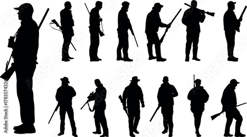 Collection of silhouettes of hunters standing with rifles. Vector Illustrations