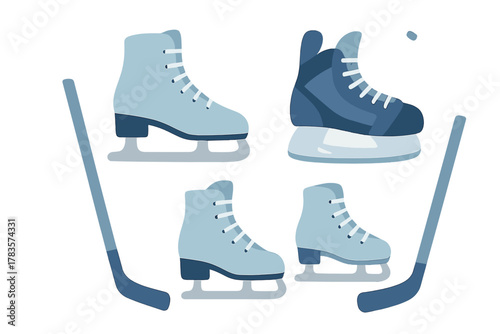 Collection of ice hockey skates, figure skates, and sticks for winter sports