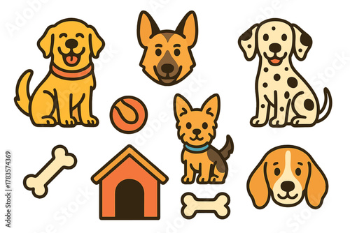 Collection of happy domestic dog breeds and essential pet care items including bones and a doghouse