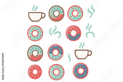 Colorful seamless pattern featuring sweet frosted donuts and steaming hot beverage mugs