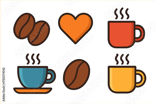Colorful collection of coffee icons featuring steaming mugs, cups, beans, and a heart symbol