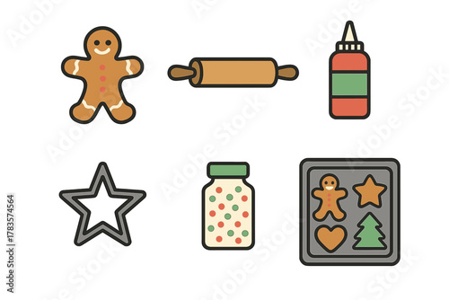 Holiday baking set with gingerbread man, rolling pin, icing, and various cookie cutters