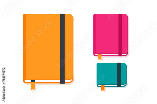 Colorful set of closed notebooks or journals with elastic bands and ribbon bookmarks